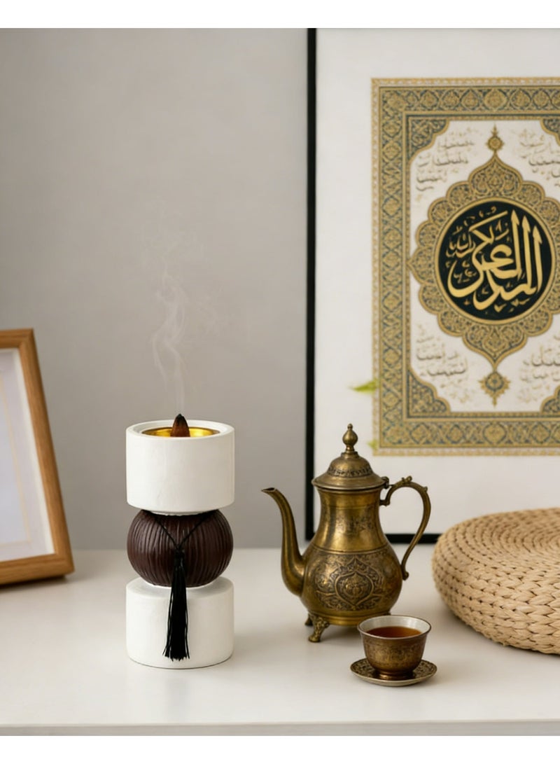 Dumbbell Shape Bakhoor Burner with Tassel - Ceramic & Wood Incense Holder for Middle Eastern Oud, Frankincense, Aromatherapy, Home Decor - Image 3